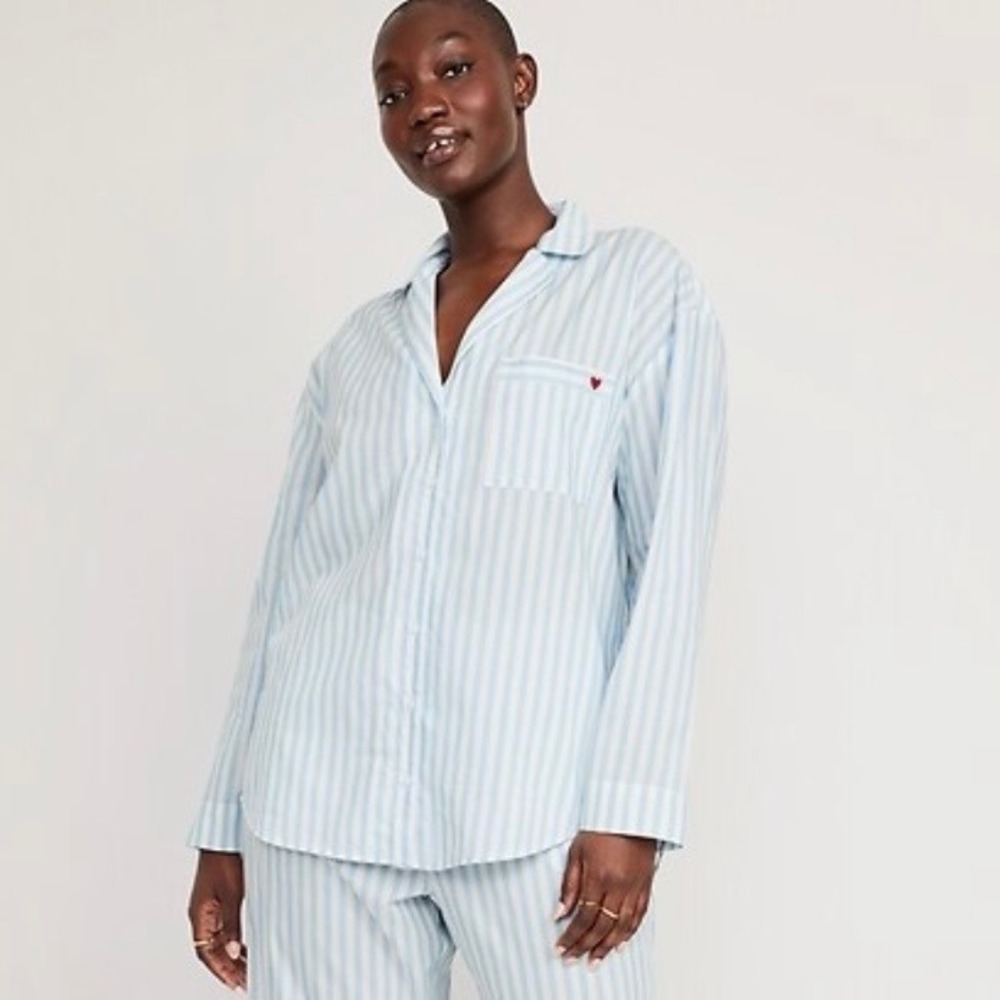 Old Navy Blue White Striped Poplin Pajama Top Notched Collar Shirt Large